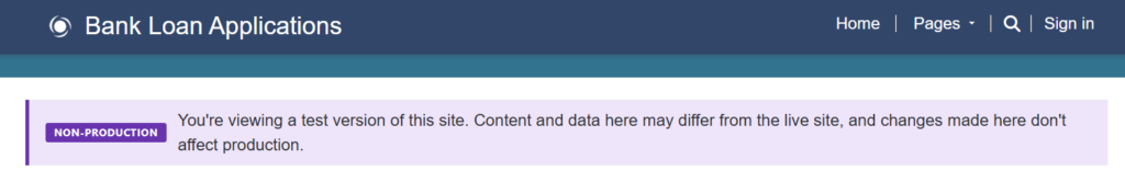 Bank Loan Applications home page with a purple Non-production banner below the header saying you are viewing a test version of the site