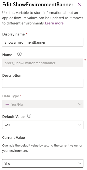 Power Apps edit environment variable pane for ShowEnvironmentBanner with schema name bb89_ShowEnvironmentBanner, data type Yes/No, and the default and current values set to Yes