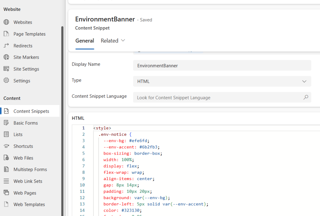 EnvironmentBanner content snippet in the Portal Management app with the type set to HTML and the banner style and markup in the HTML editor