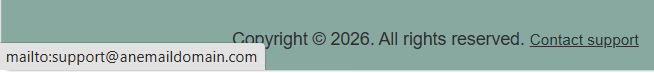 Website footer with copyright text and a Contact support link, with the mailto address shown in the browser status bar on hover