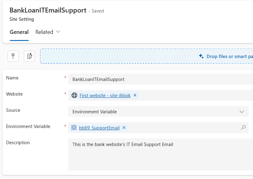 Portal Management app site setting named BankLoanITEmailSupport with the source set to Environment Variable and the bb89_SupportEmail variable selected