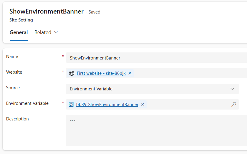 Portal Management app site setting named ShowEnvironmentBanner with the source set to Environment Variable and the bb89_ShowEnvironmentBanner variable selected