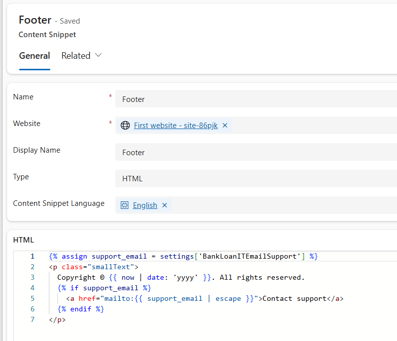 Footer content snippet in the Portal Management app with Liquid code that reads the BankLoanITEmailSupport setting and outputs a Contact support mailto link