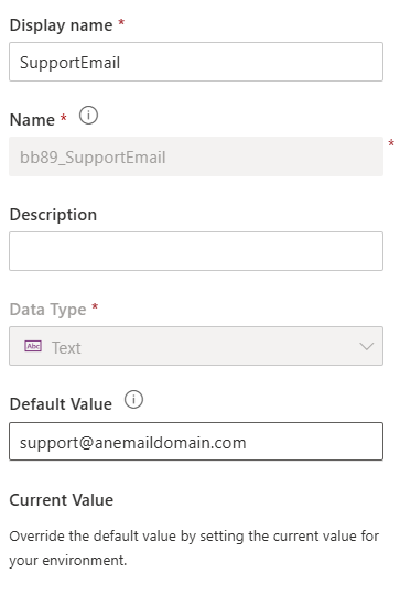 Power Apps new environment variable pane showing the display name SupportEmail, schema name bb89_SupportEmail, data type Text and a default value